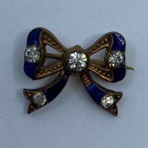Vtg 1930 CZECHO enamel rhinestone gold tone bow tiny  brooch